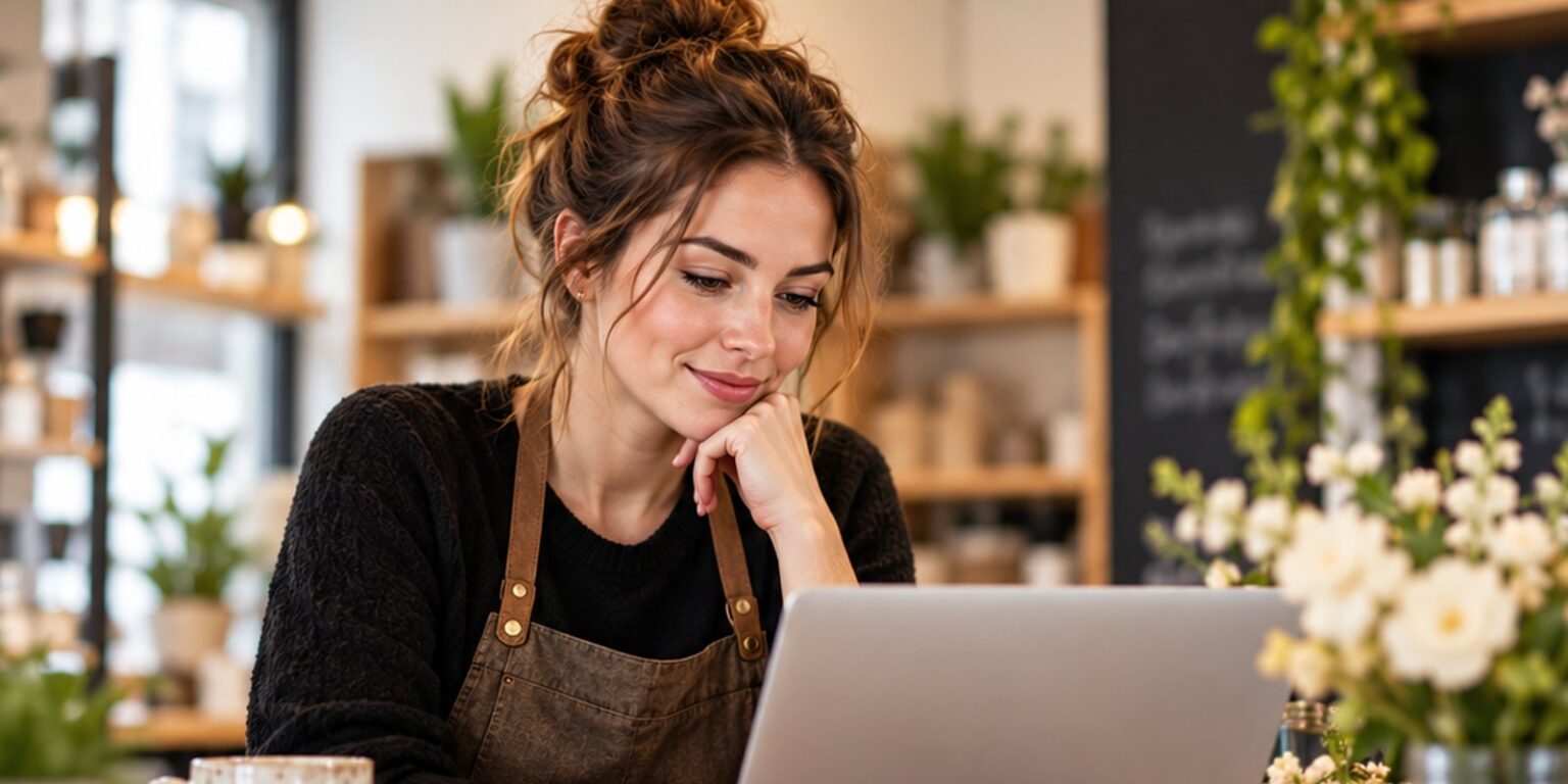 Small business owner smiling while reviewing her CRM on a laptop