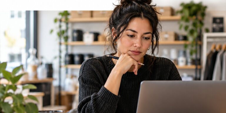Small business owner reviewing customer messages on her laptop